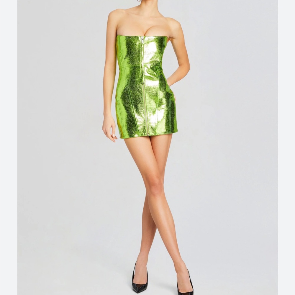 Retrofete Sylvie Leather Dress in Metallic Green SZ L EUC